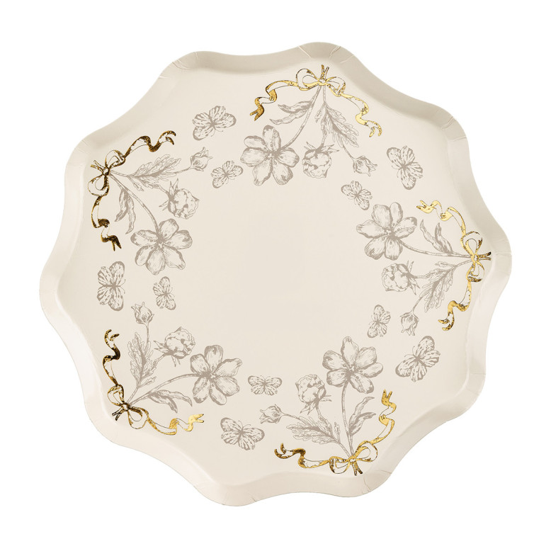 Assiettes en Carton Beige à Fleurs et Dorures – Lot de 6