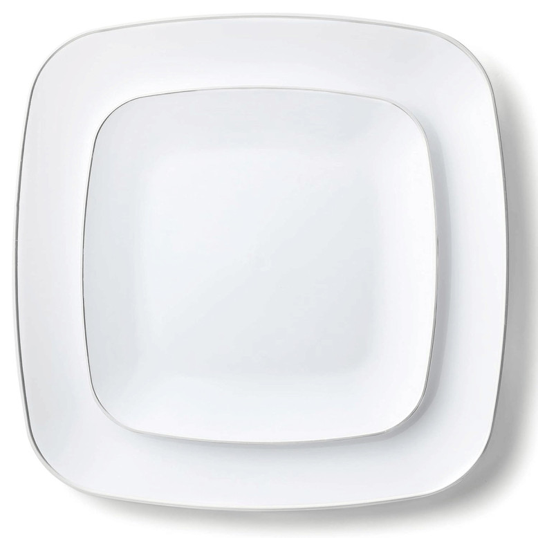 Lot de 12 assiettes carrées blanches avec liseré argenté - Dragées Anahita Lot de 12 assiettes carrées blanches avec liseré argenté - Dragées Anahita