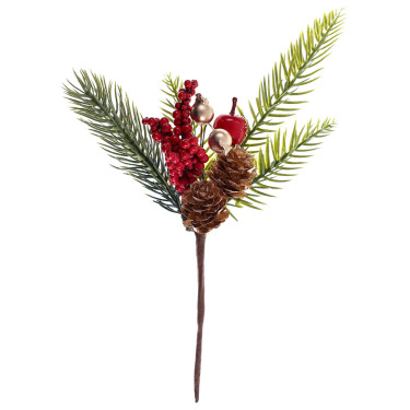 Petite Branche de Noël Pomme de Pin et Baies Rouges - 24 cm