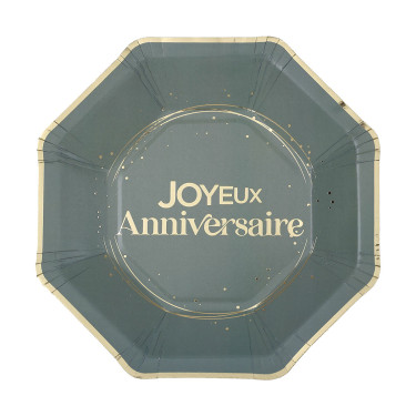 Assiettes Joyeux Anniversaire Sauge et Or