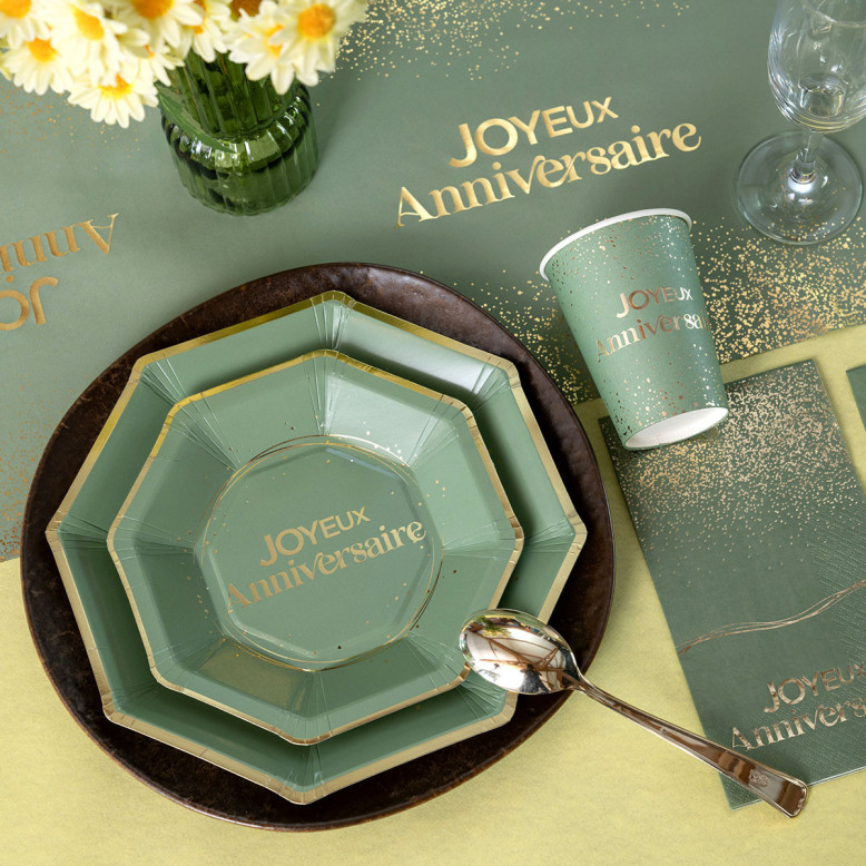 Assiettes Joyeux Anniversaire Sauge et Or 23 cm – Lot de 6 Assiettes Joyeux Anniversaire Sauge et Or 23 cm – Lot de 6