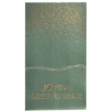 Serviettes Joyeux Anniversaire Sauge et Or 33 x 40 cm – Lot de 12
