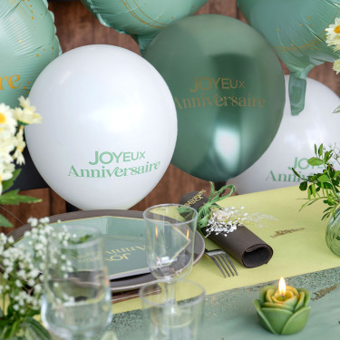 6 Ballons Joyeux Anniversaire Vert et Blanc