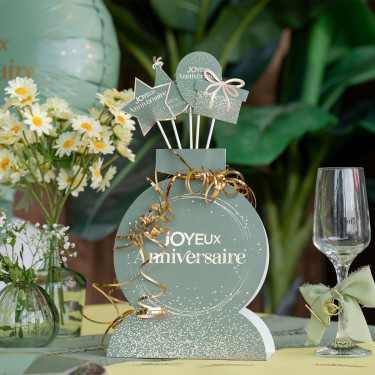 Centre de table Joyeux Anniversaire Vert et Or 35 cm