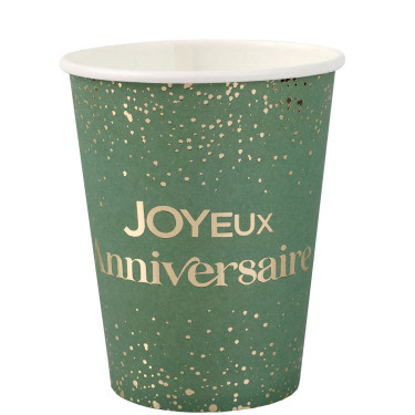Gobelets Joyeux Anniversaire Vert et Or 27 cl – Lot de 6