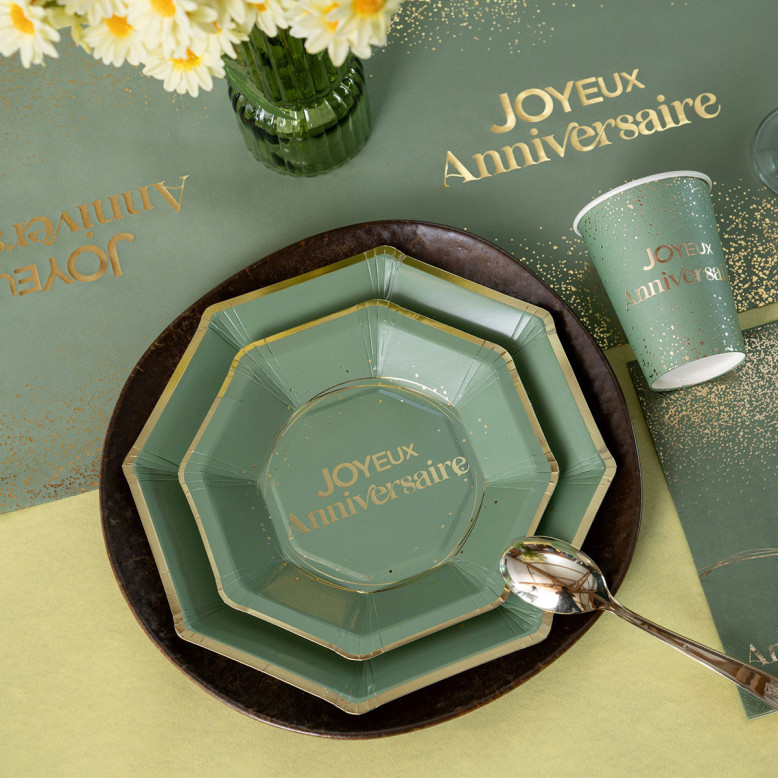 Assiettes Joyeux Anniversaire Vert et Or 18 cm Assiettes Joyeux Anniversaire Vert et Or 18 cm