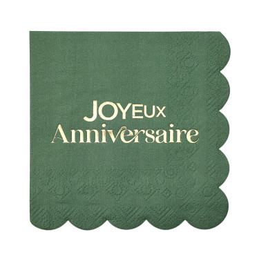 Petites Serviettes Joyeux Anniversaire Vert et Or 25 x 25 cm – Lot de 12