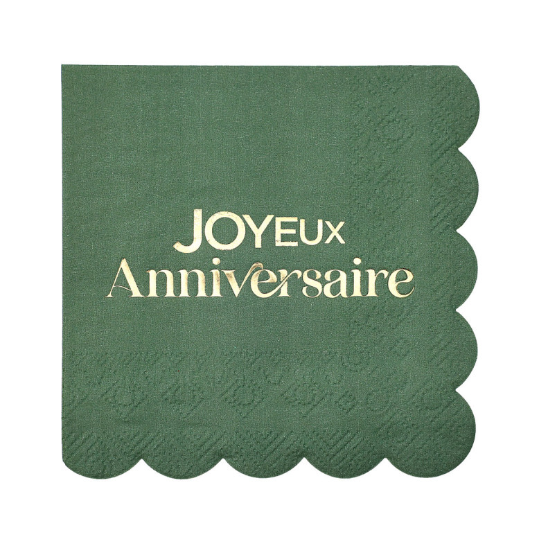 Petites Serviettes Joyeux Anniversaire Vert et Or 25 x 25 cm – Lot de 12 Petites Serviettes Joyeux Anniversaire Vert et Or 25 x 25 cm – Lot de 12