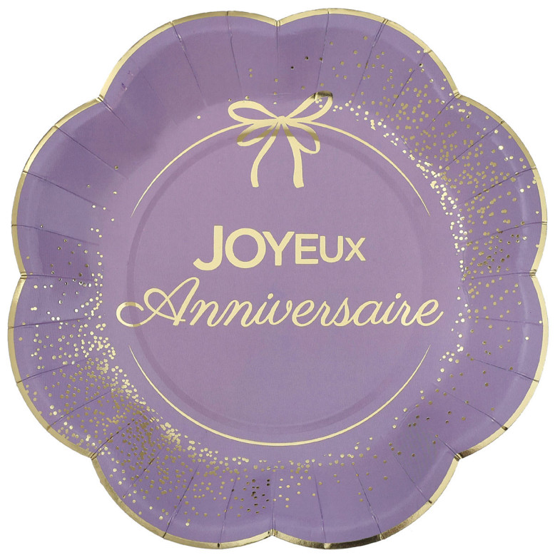 Assiette en carton Joyeux Anniversaire lilas et or 23 cm avec bord festonné et confettis dorés Assiette en carton Joyeux Anniversaire lilas et or 23 cm avec bord festonné et confettis dorés