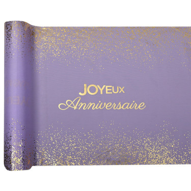 Chemin de table Joyeux Anniversaire lilas en popeline polyester avec inscription et confettis dorés, rouleau de 28 cm x 2,5 m