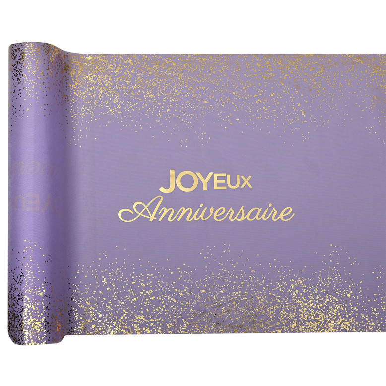 Chemin de table Joyeux Anniversaire lilas en popeline polyester avec inscription et confettis dorés, rouleau de 28 cm x 2,5 m