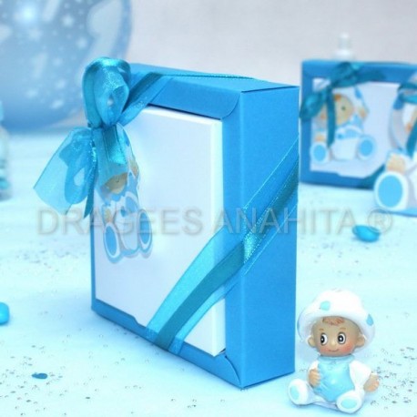 Grande boite à dragées carré bébé bleu