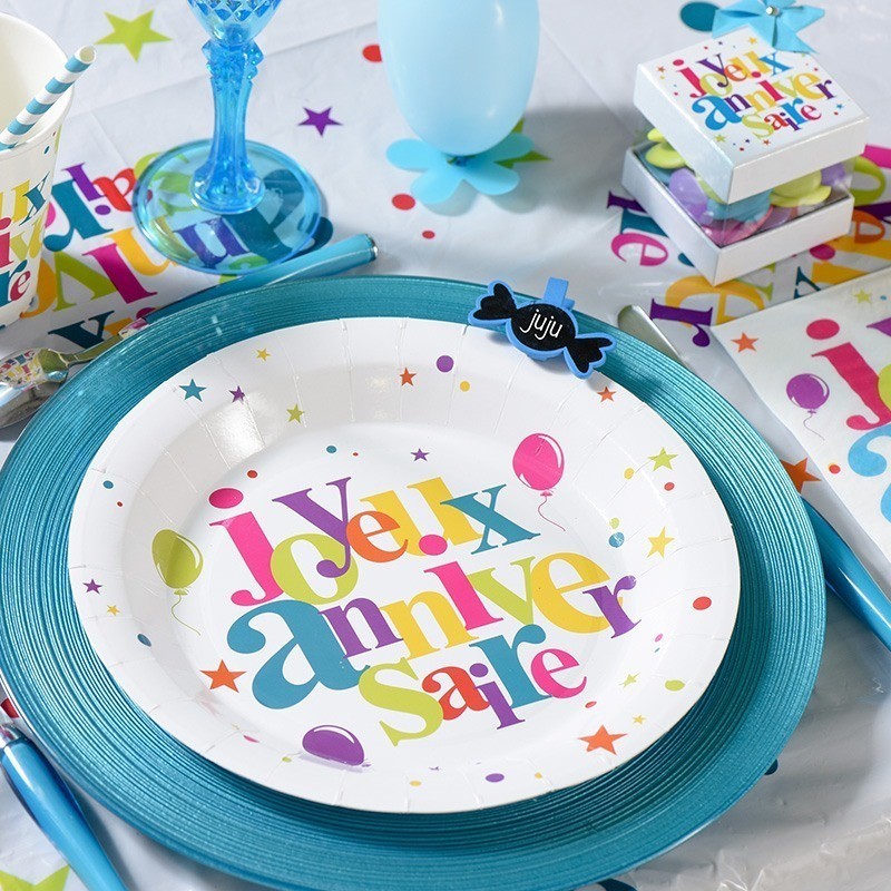 10 Assiettes jetables anniversaire multicolore - Dragées Anahita